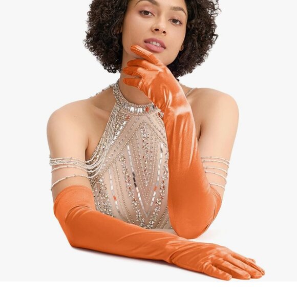 Long Satin Opera Orange Gloves - Picture 4 of 6